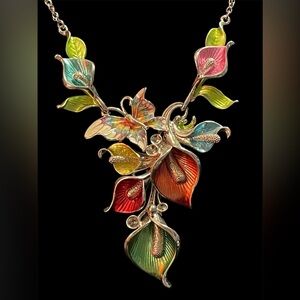 Hinged Floral & Butterfly Statement Piece - Colorful Silver-Tone Necklace - 20”